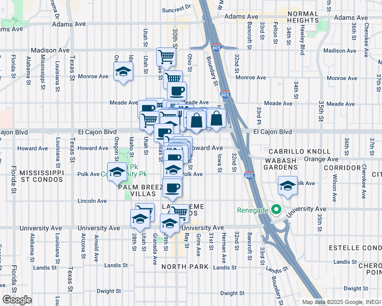 map of restaurants, bars, coffee shops, grocery stores, and more near 4193 Ohio Street in San Diego