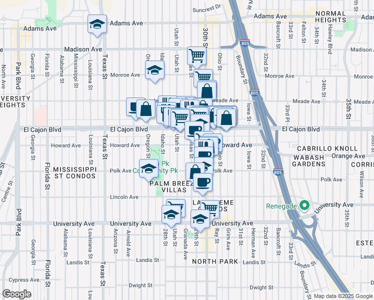 map of restaurants, bars, coffee shops, grocery stores, and more near 2875 Howard Avenue in San Diego