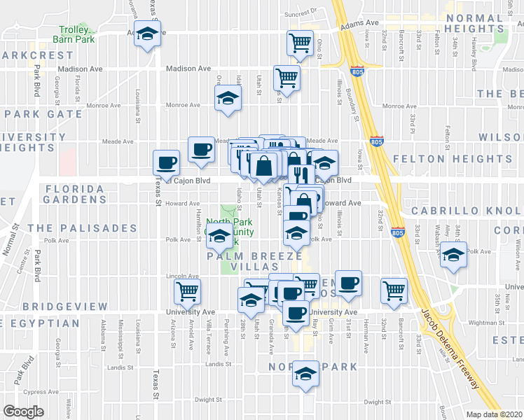 map of restaurants, bars, coffee shops, grocery stores, and more near 2875 Howard Avenue in San Diego