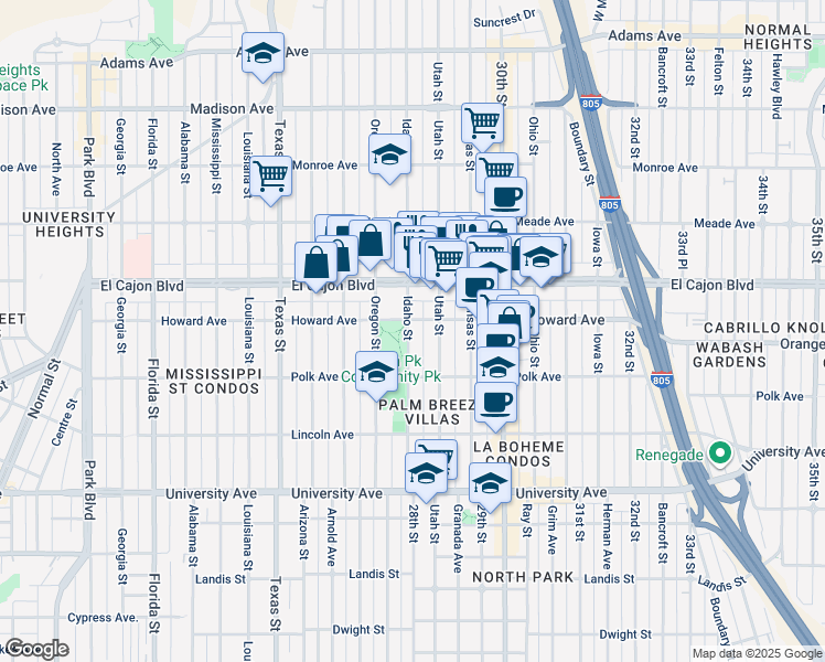 map of restaurants, bars, coffee shops, grocery stores, and more near 2815 Howard Avenue in San Diego