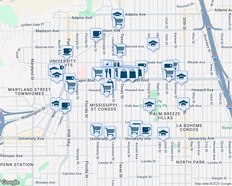 map of restaurants, bars, coffee shops, grocery stores, and more near 2321 Howard Avenue in San Diego