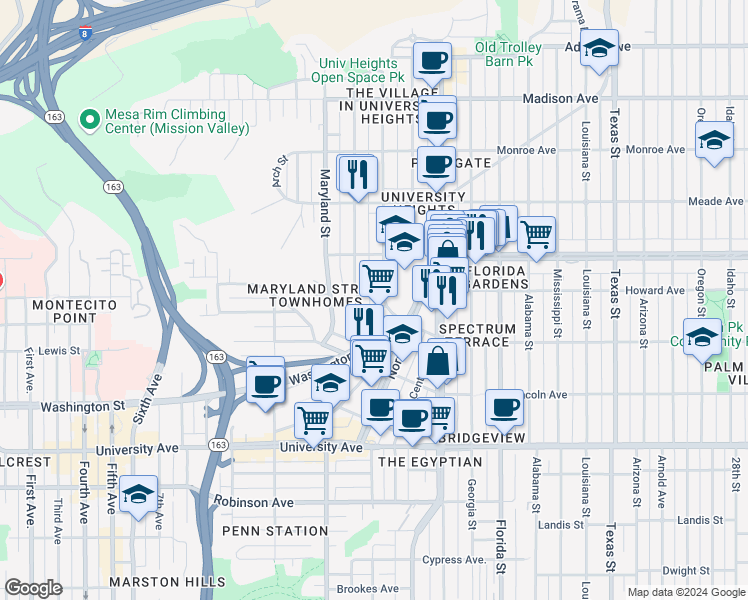 map of restaurants, bars, coffee shops, grocery stores, and more near 4101 Campus Avenue in San Diego