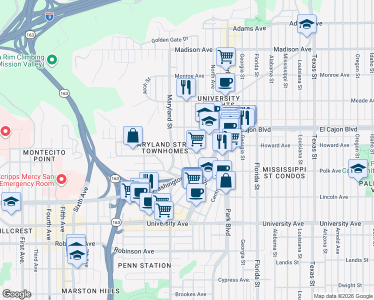 map of restaurants, bars, coffee shops, grocery stores, and more near 4214 Cleveland Avenue in San Diego
