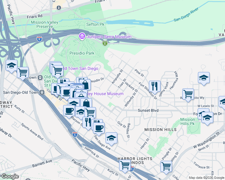 map of restaurants, bars, coffee shops, grocery stores, and more near 2333 Presidio Drive in San Diego