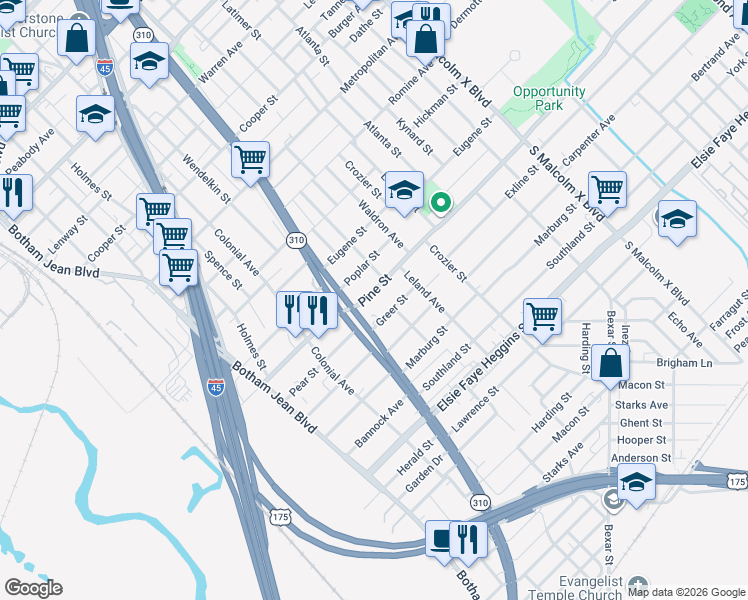 map of restaurants, bars, coffee shops, grocery stores, and more near 2230 Pine Street in Dallas