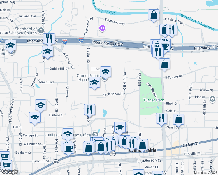 map of restaurants, bars, coffee shops, grocery stores, and more near 101 High School Drive in Grand Prairie