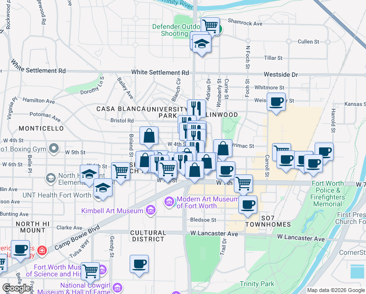 map of restaurants, bars, coffee shops, grocery stores, and more near 3112 West 4th Street in Fort Worth