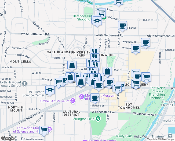 map of restaurants, bars, coffee shops, grocery stores, and more near 3112 West 4th Street in Fort Worth