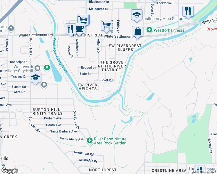 map of restaurants, bars, coffee shops, grocery stores, and more near 4851 Scott Road in Fort Worth