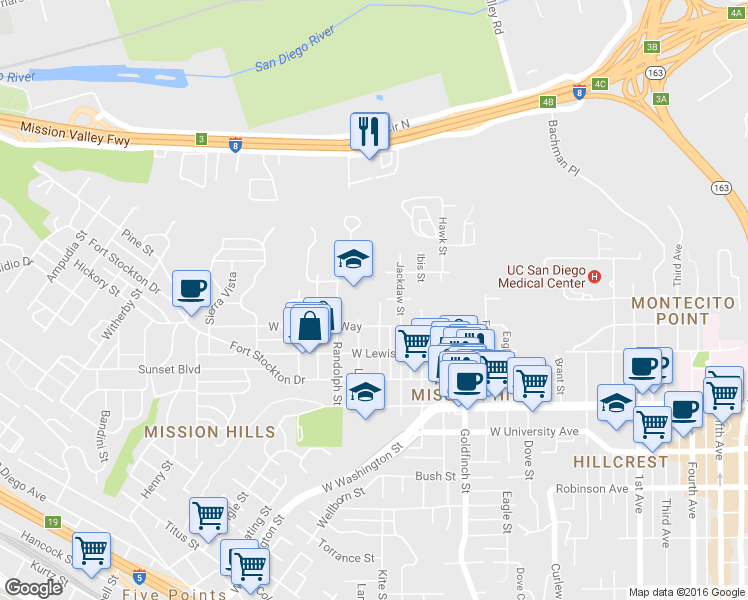 map of restaurants, bars, coffee shops, grocery stores, and more near 4190 Ingalls St in San Diego