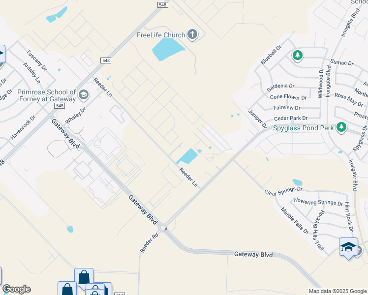 map of restaurants, bars, coffee shops, grocery stores, and more near 11034 Reeder Lane in Forney