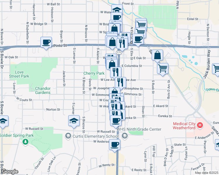 map of restaurants, bars, coffee shops, grocery stores, and more near 114 West Josephine Street in Weatherford