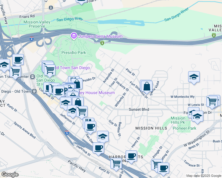 map of restaurants, bars, coffee shops, grocery stores, and more near 4295 Trias Street in San Diego