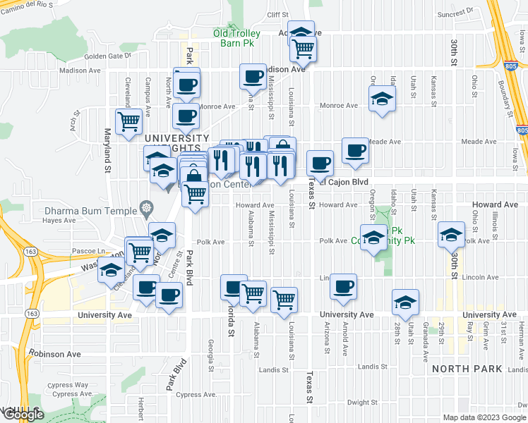 map of restaurants, bars, coffee shops, grocery stores, and more near 4184 Mississippi Street in San Diego