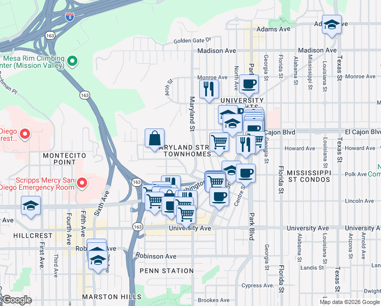 map of restaurants, bars, coffee shops, grocery stores, and more near 4212 Maryland Street in San Diego