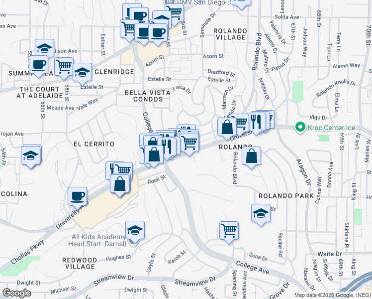 map of restaurants, bars, coffee shops, grocery stores, and more near 6139 Malcolm Drive in San Diego