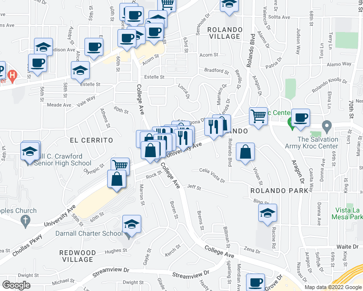 map of restaurants, bars, coffee shops, grocery stores, and more near 6139 Malcolm Drive in San Diego