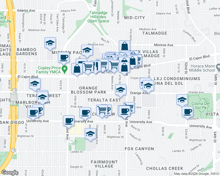 map of restaurants, bars, coffee shops, grocery stores, and more near 4240 Menlo Avenue in San Diego