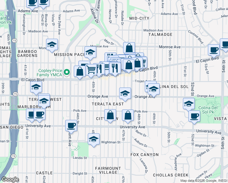 map of restaurants, bars, coffee shops, grocery stores, and more near 4240 Menlo Avenue in San Diego