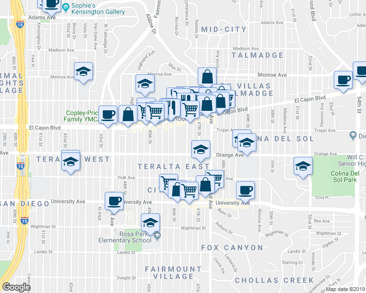 map of restaurants, bars, coffee shops, grocery stores, and more near 4240 Menlo Avenue in San Diego