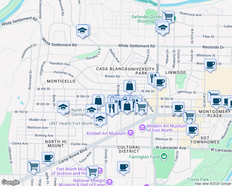 map of restaurants, bars, coffee shops, grocery stores, and more near 3405 West 4th Street in Fort Worth