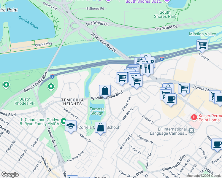 map of restaurants, bars, coffee shops, grocery stores, and more near 3003 Orleans East in San Diego