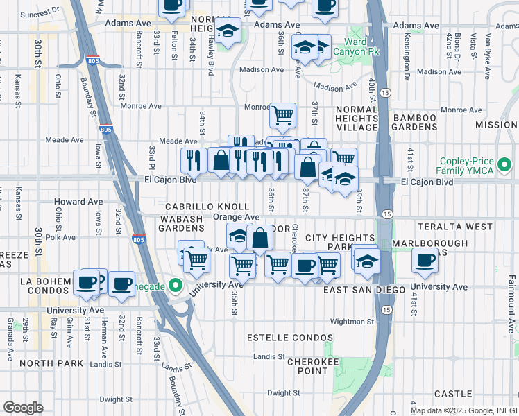 map of restaurants, bars, coffee shops, grocery stores, and more near 4219 Wilson Avenue in San Diego