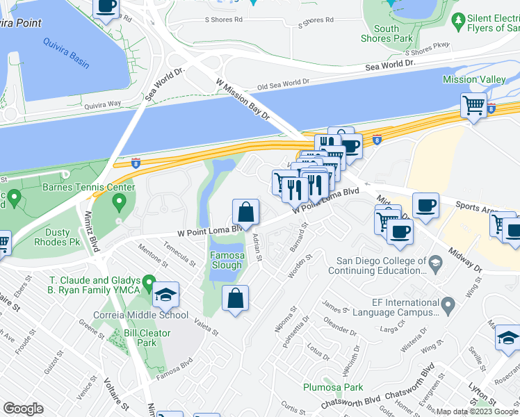 map of restaurants, bars, coffee shops, grocery stores, and more near 3011 Orleans East in San Diego