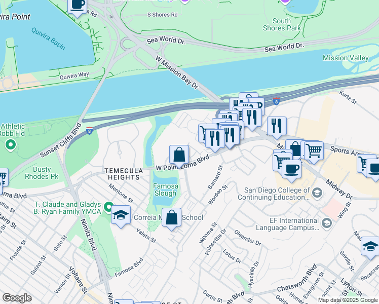 map of restaurants, bars, coffee shops, grocery stores, and more near 3003 Orleans East in San Diego