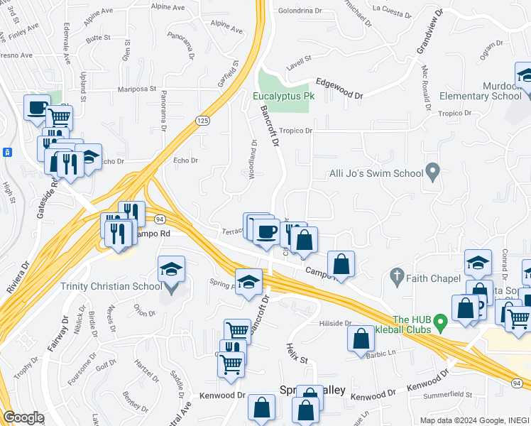map of restaurants, bars, coffee shops, grocery stores, and more near 4116 Bancroft Drive in La Mesa