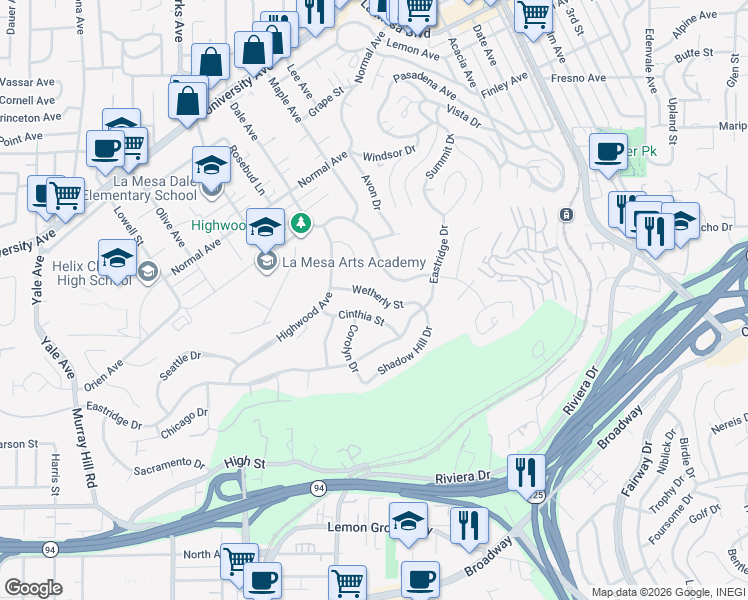 map of restaurants, bars, coffee shops, grocery stores, and more near 7977 Wetherly Street in La Mesa