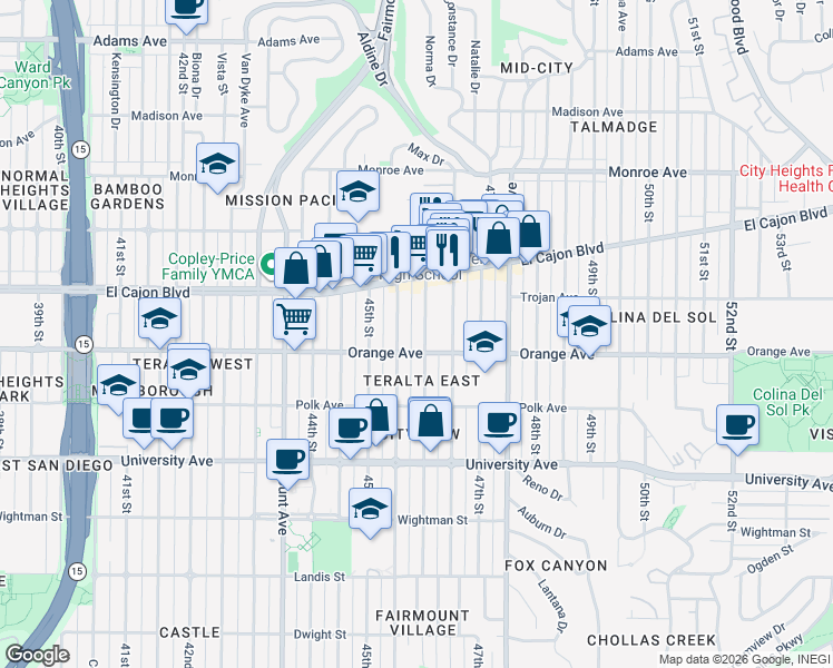 map of restaurants, bars, coffee shops, grocery stores, and more near 4232 46th Street in San Diego