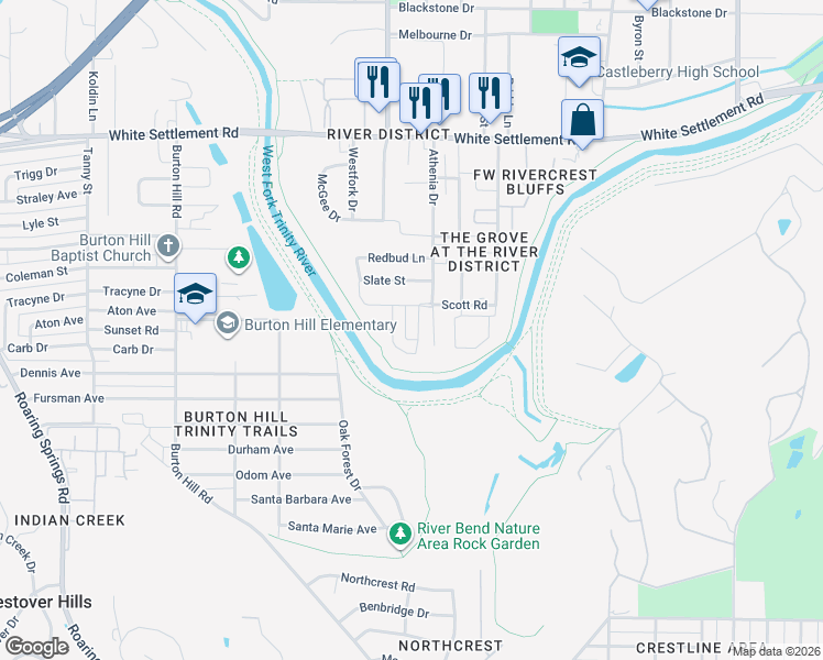 map of restaurants, bars, coffee shops, grocery stores, and more near 515 Trail Rider Road in Fort Worth