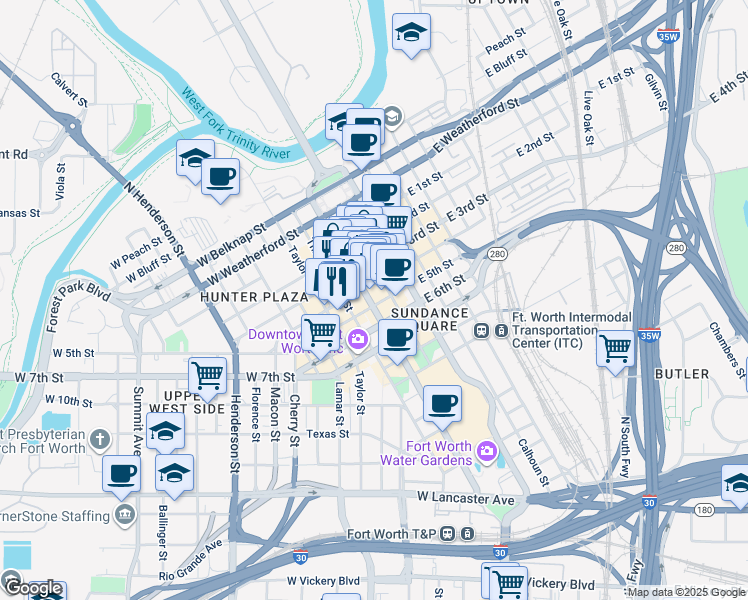 map of restaurants, bars, coffee shops, grocery stores, and more near 515 West 4th Street in Fort Worth