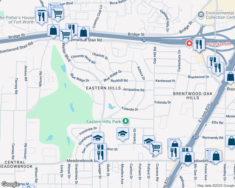 map of restaurants, bars, coffee shops, grocery stores, and more near 1701 Yolanda Drive in Fort Worth