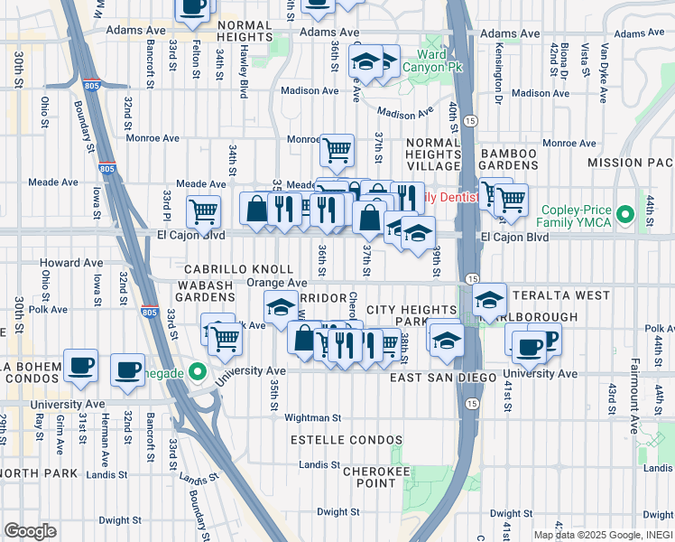 map of restaurants, bars, coffee shops, grocery stores, and more near 4222 Cherokee Avenue in San Diego