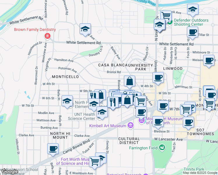 map of restaurants, bars, coffee shops, grocery stores, and more near 3429 West 4th Street in Fort Worth