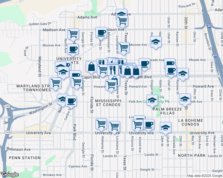 map of restaurants, bars, coffee shops, grocery stores, and more near 2203 Howard Avenue in San Diego