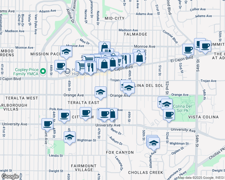 map of restaurants, bars, coffee shops, grocery stores, and more near in San Diego