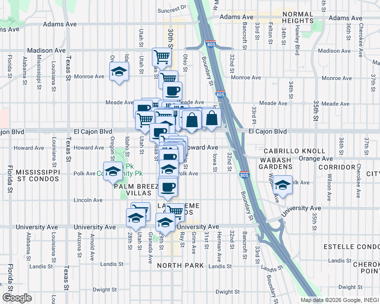 map of restaurants, bars, coffee shops, grocery stores, and more near 4181 Ohio Street in San Diego