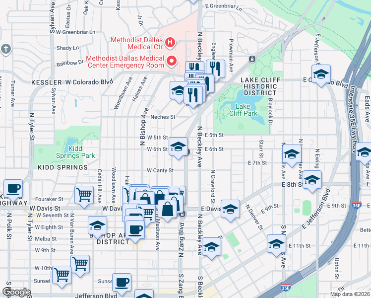 map of restaurants, bars, coffee shops, grocery stores, and more near 903 North Beckley Avenue in Dallas