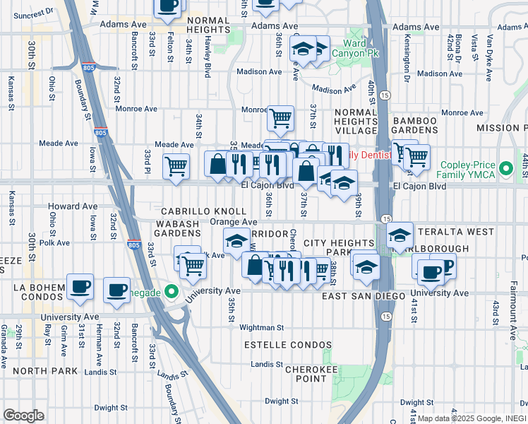 map of restaurants, bars, coffee shops, grocery stores, and more near 4220 36th Street in San Diego