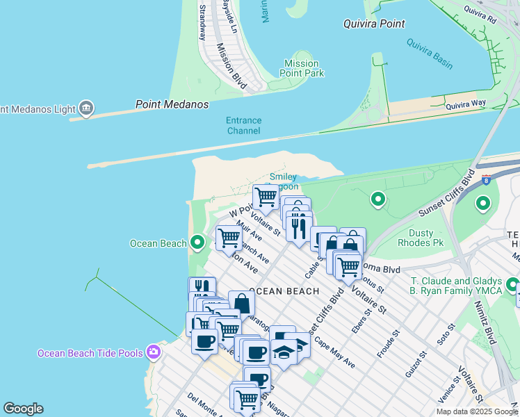 map of restaurants, bars, coffee shops, grocery stores, and more near 5123 Lotus Street in San Diego