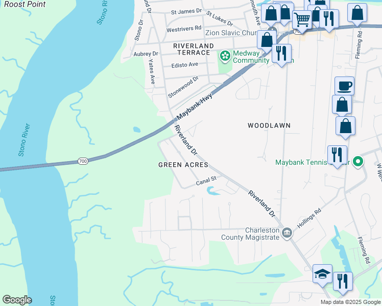 map of restaurants, bars, coffee shops, grocery stores, and more near 445 Riverland Drive in Charleston