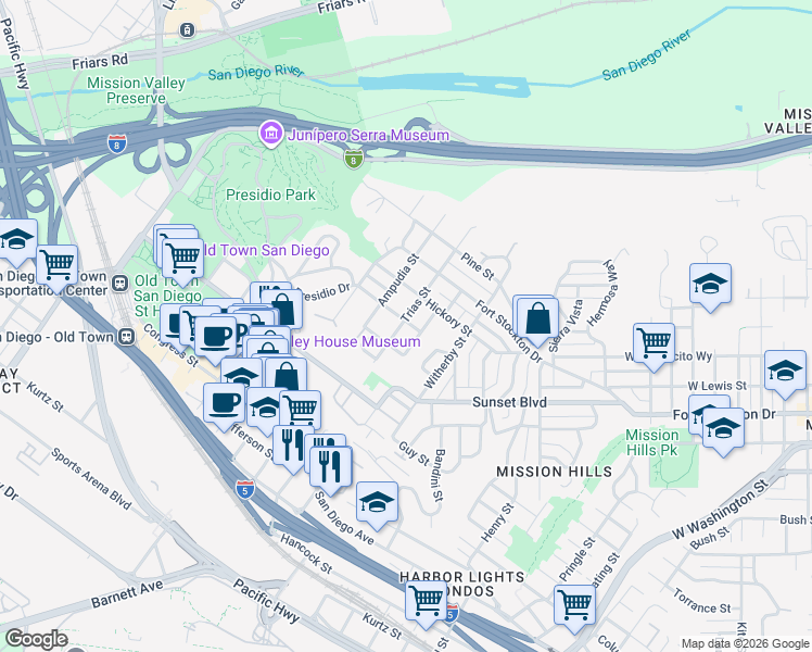 map of restaurants, bars, coffee shops, grocery stores, and more near 4295 Trias Street in San Diego