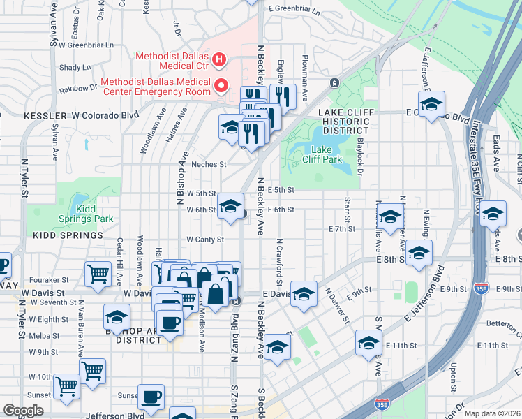 map of restaurants, bars, coffee shops, grocery stores, and more near 55 East 6th Street in Dallas