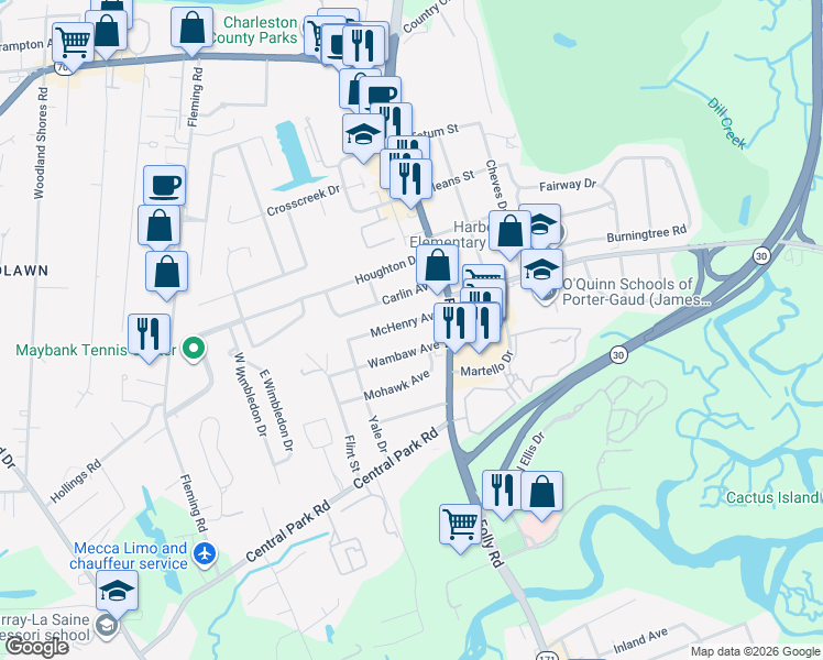 map of restaurants, bars, coffee shops, grocery stores, and more near 1723 Mchenry Avenue in Charleston