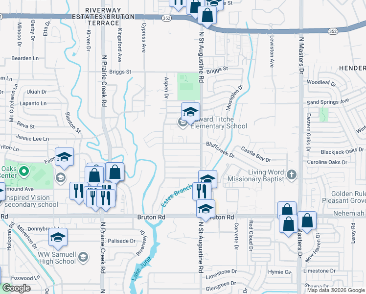 map of restaurants, bars, coffee shops, grocery stores, and more near 9544 Bluffcreek Drive in Dallas