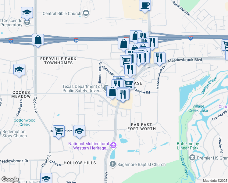 map of restaurants, bars, coffee shops, grocery stores, and more near 8300 Windsor Forest Drive in Fort Worth