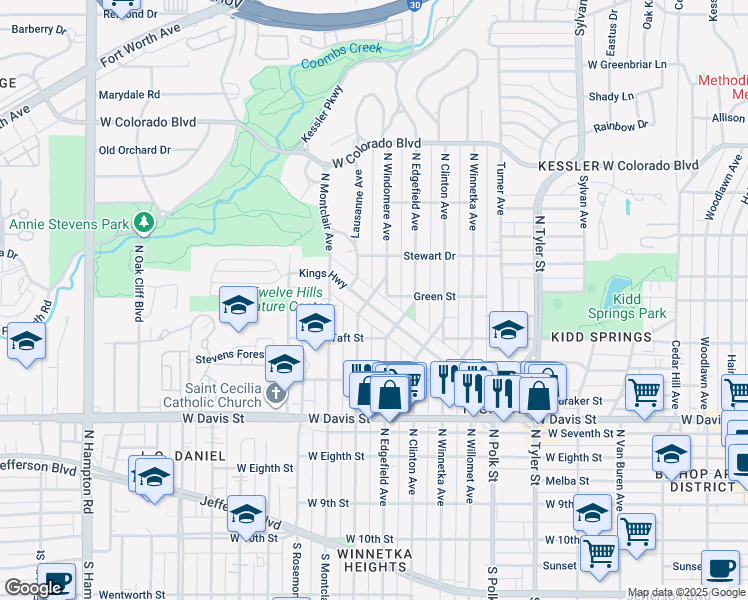 map of restaurants, bars, coffee shops, grocery stores, and more near 1435 Kings Highway in Dallas